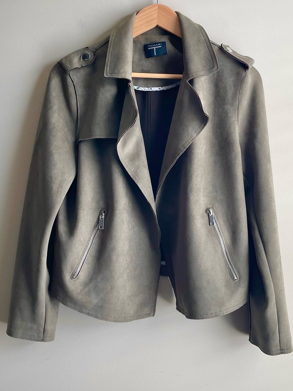 Tahari Olive Suede-Feel Moto Blazer